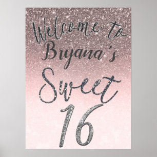 Silver & Blush Glitter Welcome Sweet 16 Party Sign
