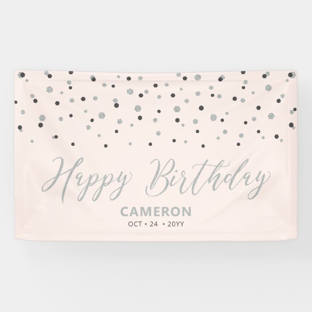 Silver & Blush Hexagon Confetti Happy Birthday Banner (Horizontal)