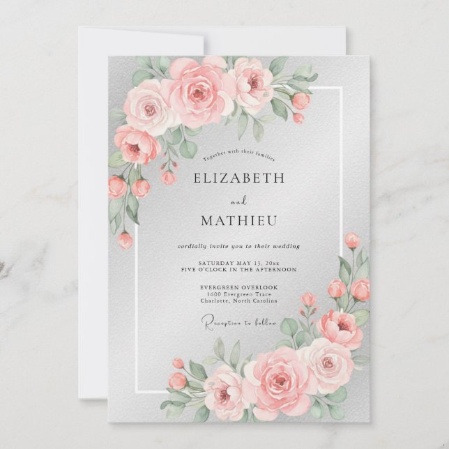 Silver Blush Petal Wedding Invitation (Front)