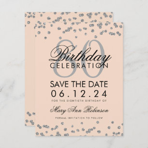Silver Blush Pink 80th Birthday Save Date Confetti Invitation