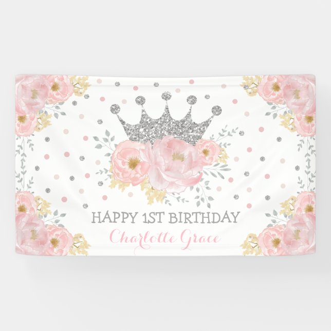 Silver Blush Pink Floral Crown Princess Birthday Banner (Horizontal)