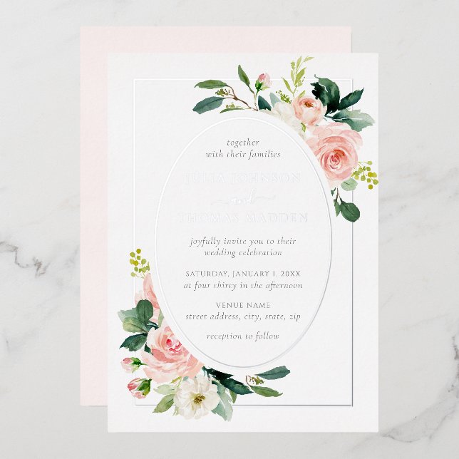Silver Blush Pink Floral Frame Wedding  (Front/Back)