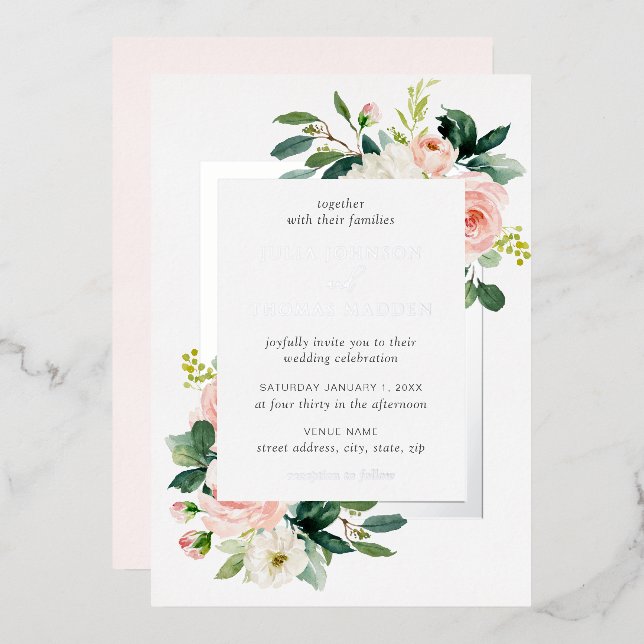 Silver Blush Pink Floral Frame Wedding  (Front/Back)