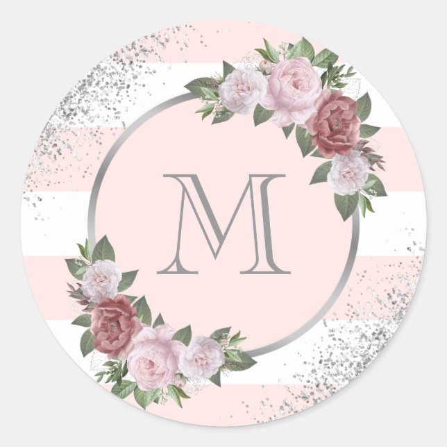 Silver Blush Pink Floral Monogram Classic Round Sticker (Front)