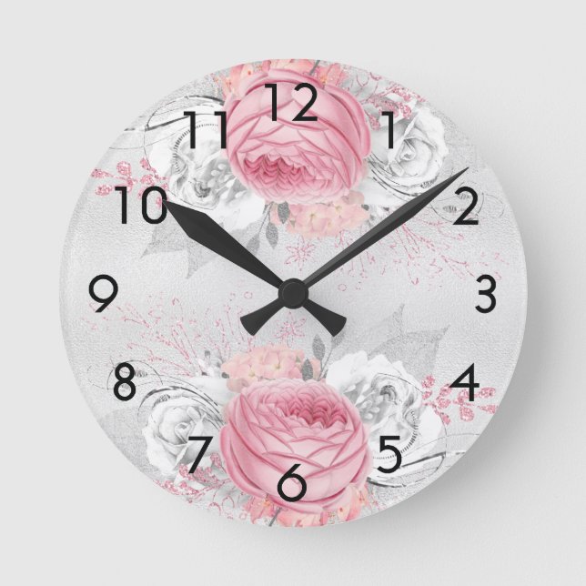 Silver blush pink florals roses elegant round clock (Front)