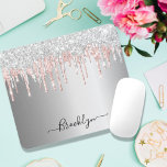 Silver blush pink glitter drip sparkle monogram mouse pad<br><div class="desc">An elegant, girly and glam mouse pad. A faux silver background. Decorated with silver and blush pink, sparkling faux glitter drips, paint dripping look. A bit of everyday luxury and bling. Personalise and add your name. The name is written with a modern hand lettered style script. Dark grey coloured letters....</div>