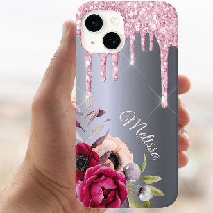 Silver blush pink glitter drips floral name iPhone 12 pro case