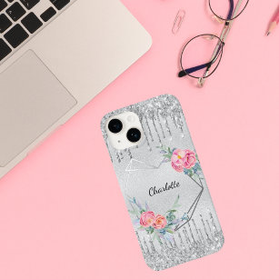 Silver blush pink glitter floral monogram name  Case-Mate iPhone 14 pro max case
