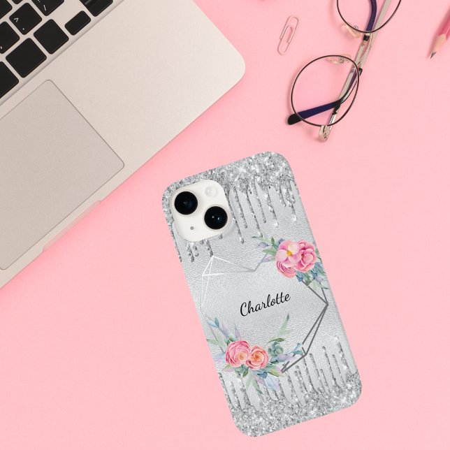 Silver blush pink glitter floral monogram name  Case-Mate iPhone case (Creator Uploaded)