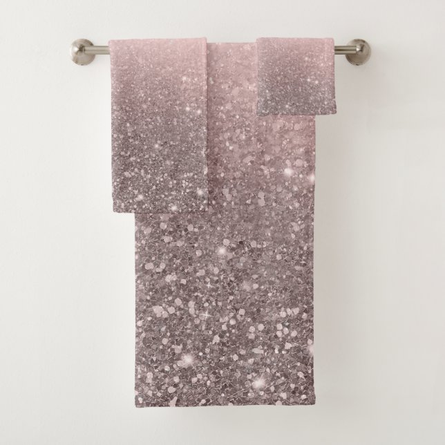 Silver & Blush Pink Glitter Sparkle Glam Girly Bath Towel Set (Insitu)