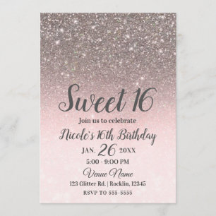 Silver & Blush Pink Glitter Sparkle Glam Sweet 16 Invitation