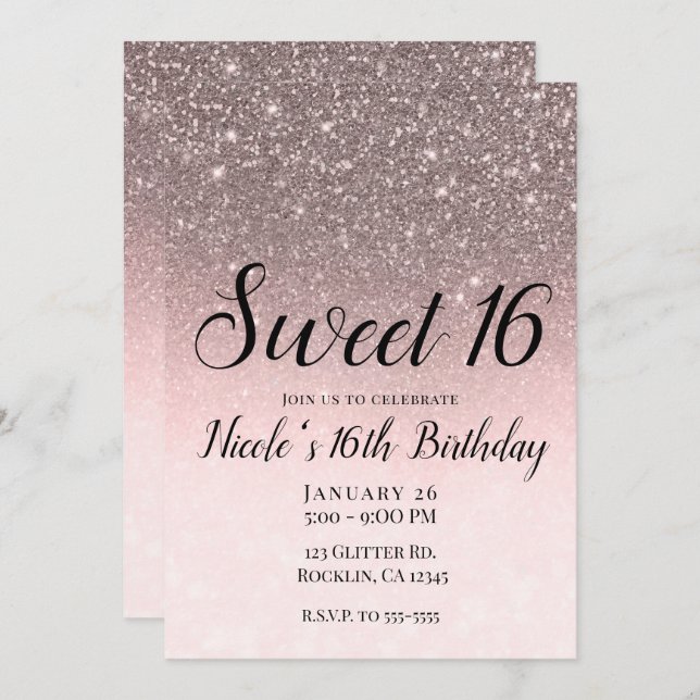 Silver & Blush Pink Glitter Sparkle Glam Sweet 16 Invitation (Front/Back)