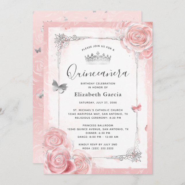 Silver Blush Pink Roses Watercolor Quinceanera Invitation (Front/Back)