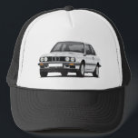 Silver BMW 3 series (E30) Trucker Hat<br><div class="desc">80's classic from Germany,  BMW 3 series (model type E30) in silver grey Customise it by changing hat style.</div>