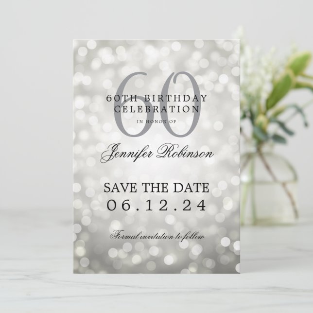 Silver Bokeh 60th Birthday Save Date w/ Details Invitation (Standing Front)
