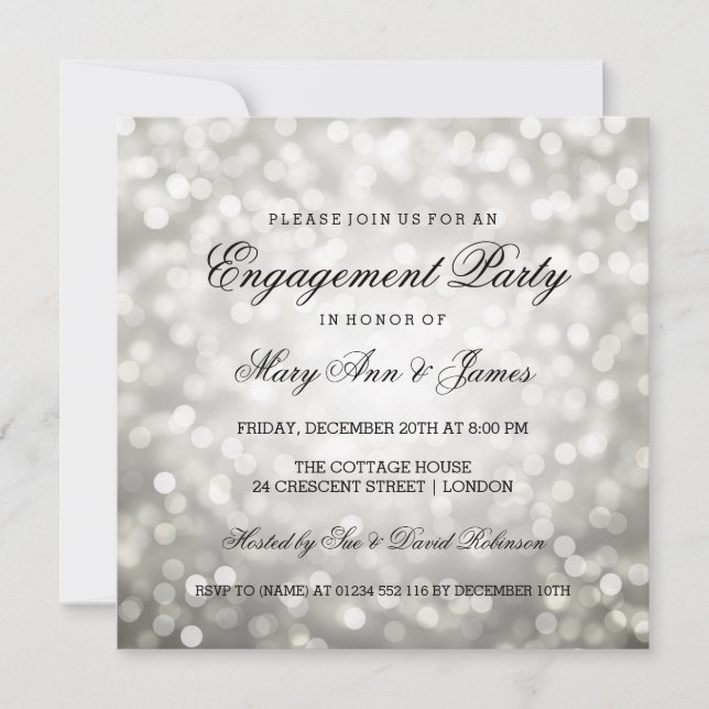 Silver Bokeh Lights Elegant Engagement Party Invitation (Front)