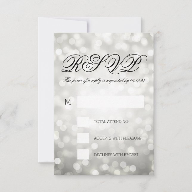 Silver Bokeh Lights Elegant Wedding RSVP Card (Front)