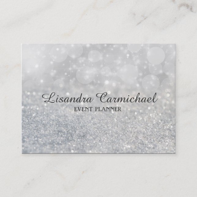 Silver Bokeh Sparkle Event Planner Business Cards (Front)