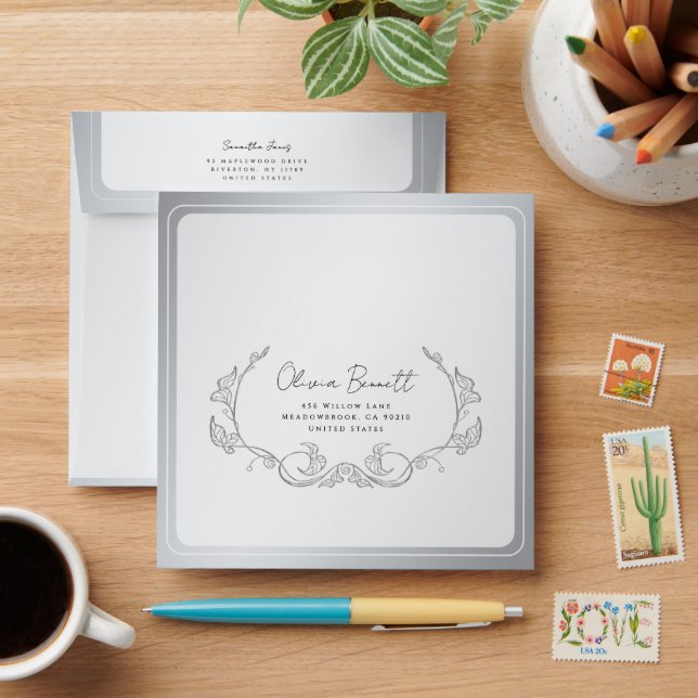 Silver Border Minimalist Wedding Envelope (Desk)
