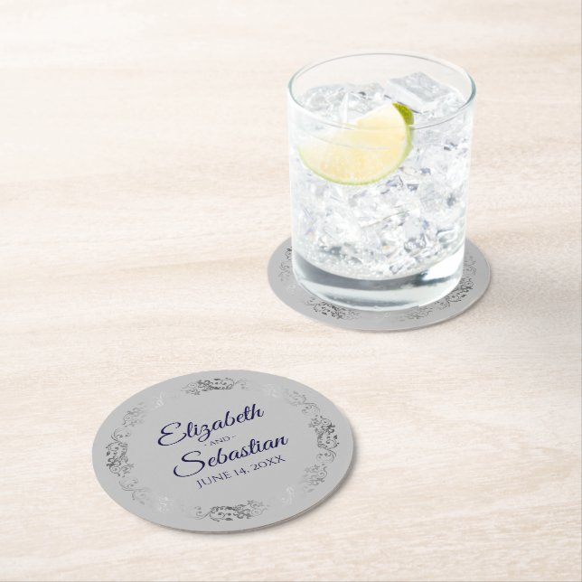 Silver Border Navy Blue on Grey Elegant Wedding Round Paper Coaster (Insitu)
