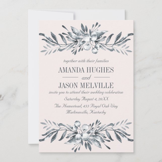 Silver Botanical | Floral wreath wedding PINK Invitation (Front)
