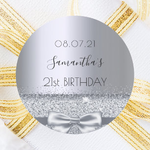 Silver bow birthday classic round sticker