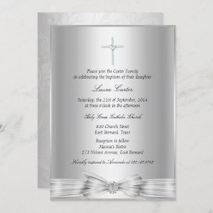 Silver Bow Cross Baptism/Christening Invitation