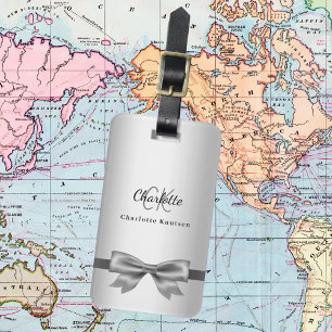 Silver bow monogram initials elegant luggage tag