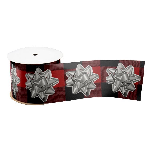 Silver Bow on Buffalo Plaid Satin Ribbon (Spool)