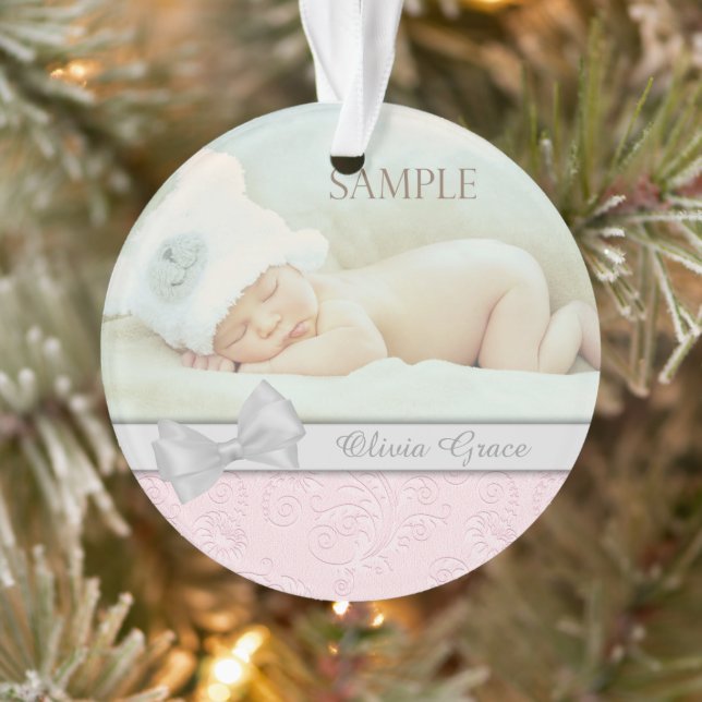 Silver Bow Pink Pastel Baby 1st Christmas Photo Ornament (Tree)