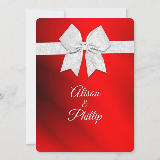 Silver Bow Red Christmas Theme Wedding Invitation (Back)