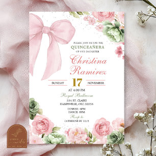 Silver Bow Sage Pink Coquette Floral Quinceanera Invitation