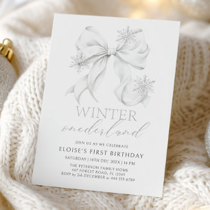 Silver Bow Winter Onederland 1st Birthday Invitation