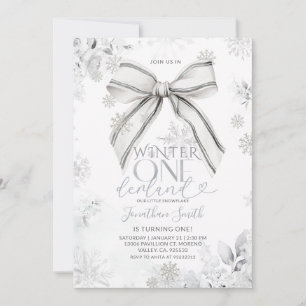 Silver Bow Winter Onederland Snowfall 1st Birthday Invitation