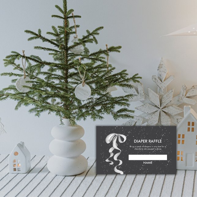 Silver Bow Winter Snow Diaper Raffle Baby Shower  Enclosure Card (Silver Bow Winter Snow Diaper Raffle Baby Shower Enclosure Card)