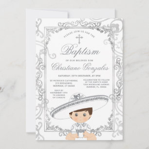 Silver Boy Mexican Baptism Charro Cross Party Invitation