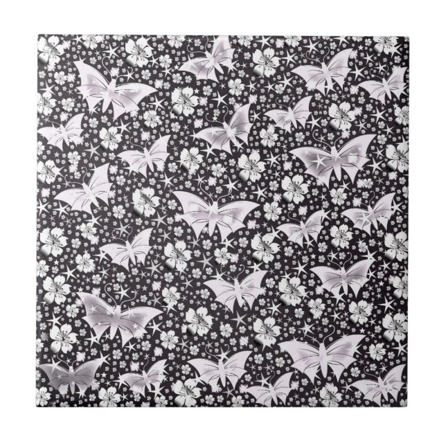 silver,bright, shiny, butterflies, exclusive ceramic tile (Front)