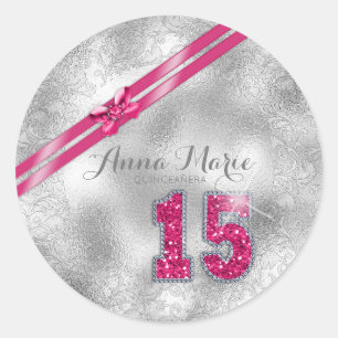 Silver Brocade Fifteenth Birthday Hot Pink ID382 Classic Round Sticker
