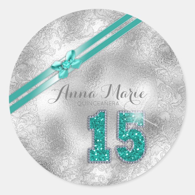 Silver Brocade Fifteenth Birthday Teal ID382 Classic Round Sticker (Front)