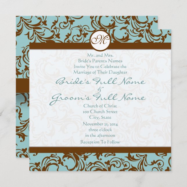 Silver Brown Damask Aqua Blue Wedding Invitation (Front/Back)