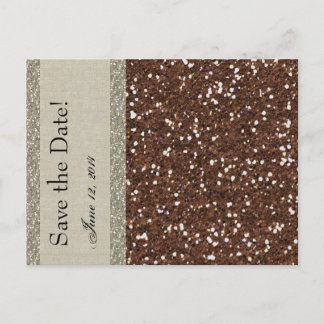 Silver Brown Glitter Linen Save the Date Announcement Postcard