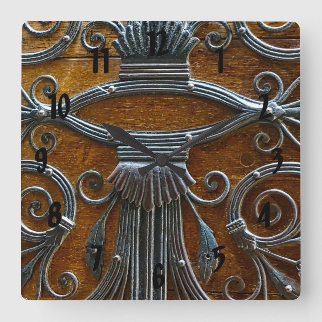 Silver brown wood funky looking door square wall clock (Front)