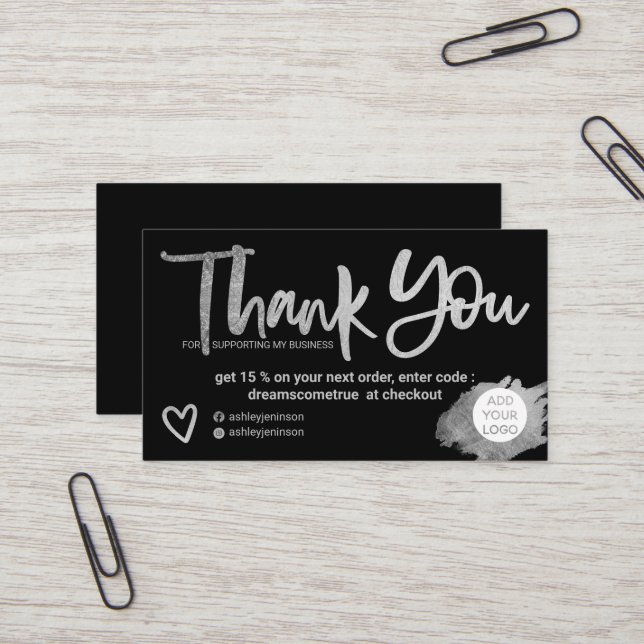 Silver brush font black chic order thank you business card (Front/Back In Situ)