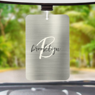 Silver Brushed Metal Black White Script Monogram  Car Air Freshener