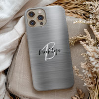 Silver Brushed Metal Black White Script Monogram 