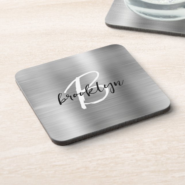 Silver Brushed Metal Black White Script Monogram  Coaster (Left Side)