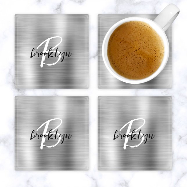 Silver Brushed Metal Black White Script Monogram  Glass Coaster (Creator Uploaded)