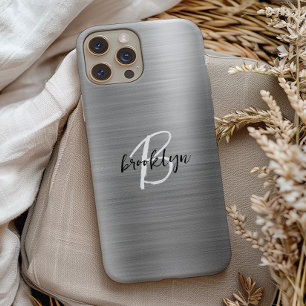 Silver Brushed Metal Black White Script Monogram iPhone 15 Case