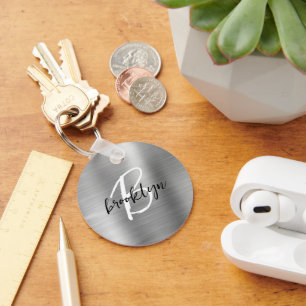 Silver Brushed Metal Black White Script Monogram  Key Ring