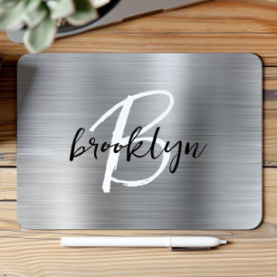 Silver Brushed Metal Black White Script Monogram Mouse Pad